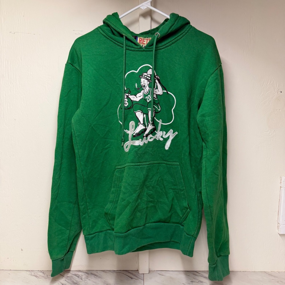 Retro Label Lucky Leprechaun Green Graphic Hoodie Mens Large Celtics Style